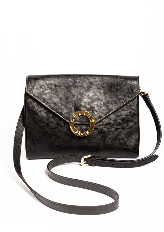 Céline Paris Vintage Circle Clutch & Shoulder Bag – Black Leather